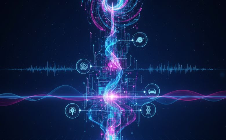 Une image conceptuelle et abstraite, évoquant une timeline futuriste, un arbre technologique ou une onde en pleine évolution