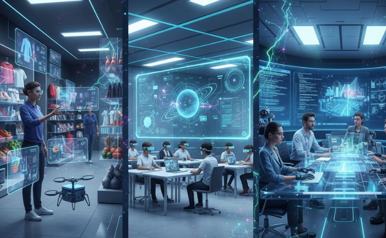 Une image représentant la société et le travail, comme un montage de scènes de vie (shopping, éducation, bureau) avec une touche de futurisme