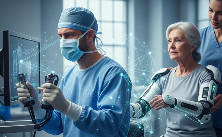 Une image sobre et professionnelle, montrant un chirurgien utilisant un simulateur haptique ou un patient en rééducation avec un exosquelette.